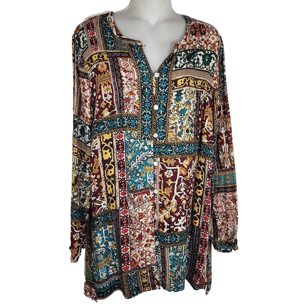 J Jill Womens Tunic Top Medium Patchwork Button Flowy Lagenlook Bohemian Paisley